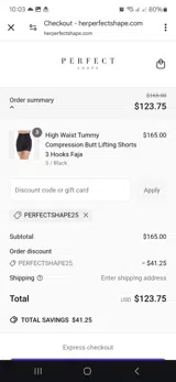 Perfectshape25 coupon verification screenshot