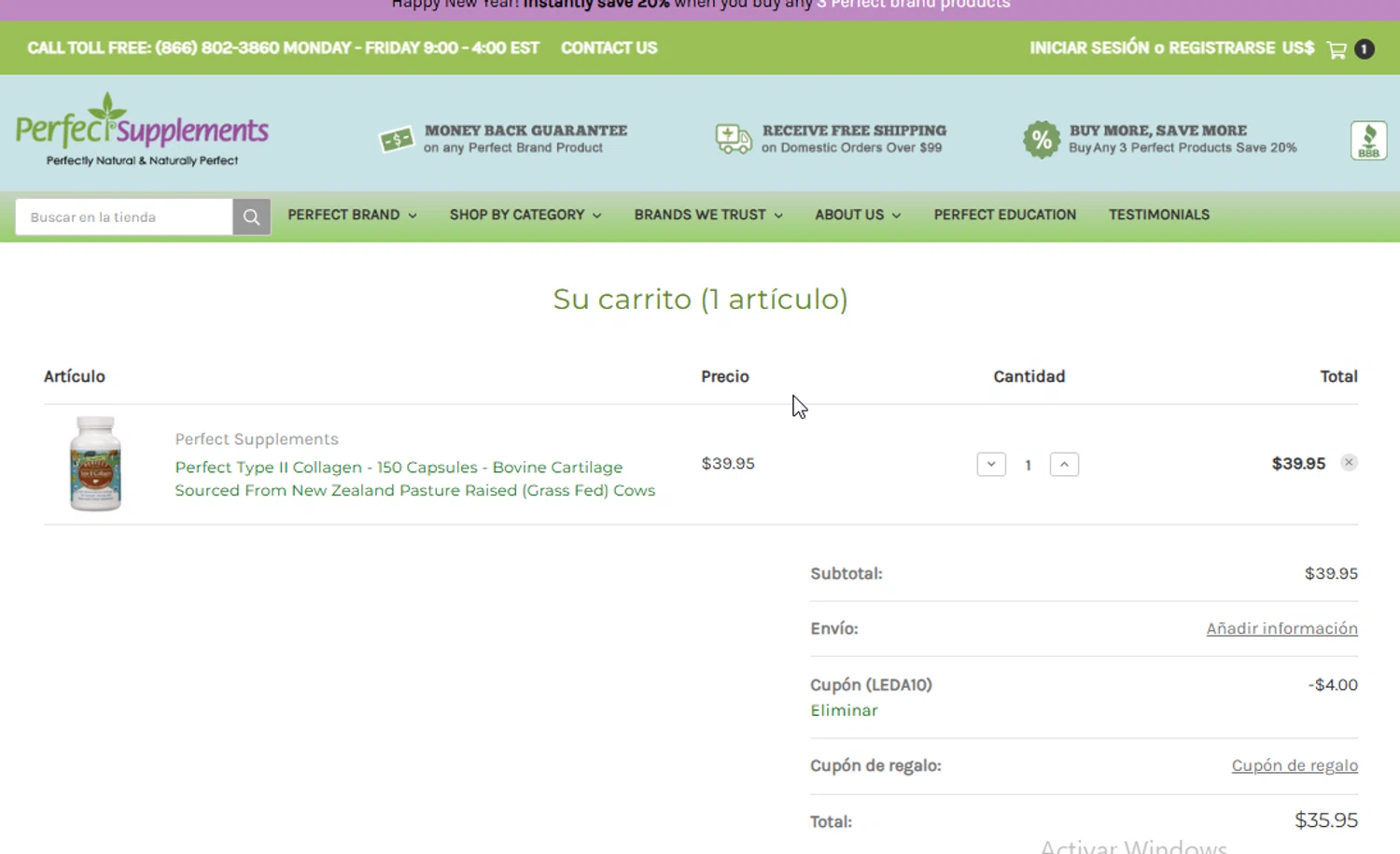 Perfect Supplements promo code screenshot showing code LEDA10 applied at Perfect Supplements checkout page. Uploaded by SimplyCodes community member BudgetGuardian5712 on Jan 5, 2026