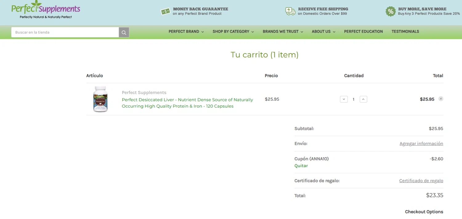 Perfect Supplements promo code screenshot showing code ANNA10 applied at Perfect Supplements checkout page. Uploaded by SimplyCodes community member PennyScout6137 on Jan 5, 2026