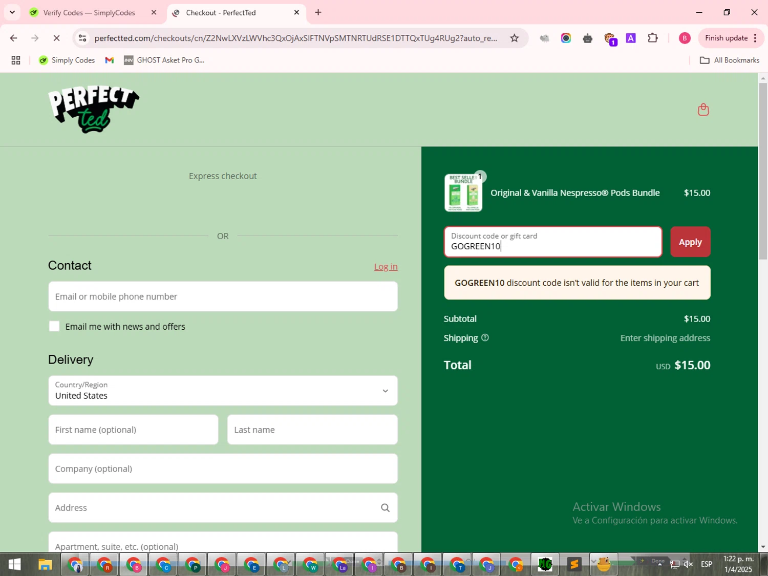 PerfectTed discount code screenshot showing code GOGREEN10 applied at PerfectTed checkout page. Uploaded by SimplyCodes community member ValiantAdmiral924 on Apr 1, 2025