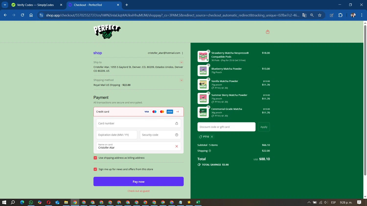 PerfectTed discount code screenshot showing code PT10 applied at PerfectTed checkout page. Uploaded by SimplyCodes community member DavidMGF on Sep 8, 2025