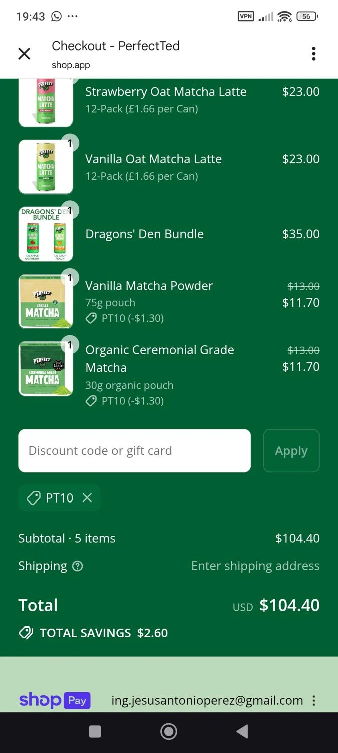 PerfectTed discount code screenshot showing code PT10 applied at PerfectTed checkout page. Uploaded by SimplyCodes community member ShieldWhiz4659 on Jul 22, 2025