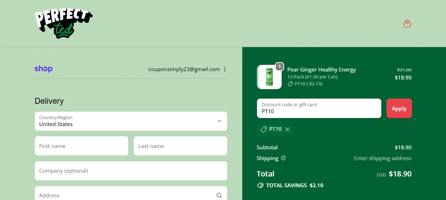 PerfectTed discount code screenshot showing code PT10 applied at PerfectTed checkout page. Uploaded by SimplyCodes community member TomaTuYukota on Nov 8, 2025