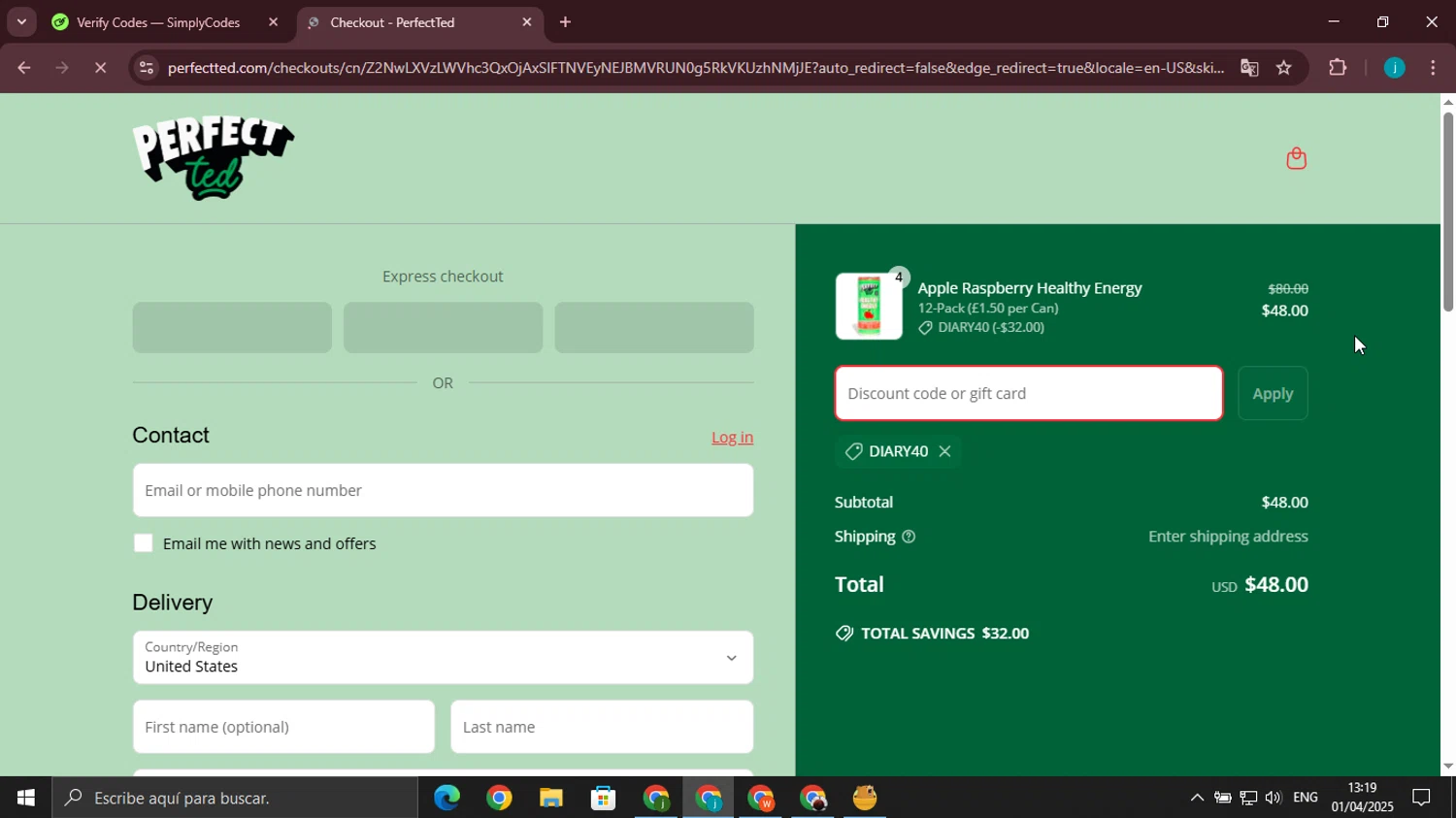 PerfectTed discount code screenshot showing code DIARY40 applied at PerfectTed checkout page. Uploaded by SimplyCodes community member juanjo2 on Apr 1, 2025