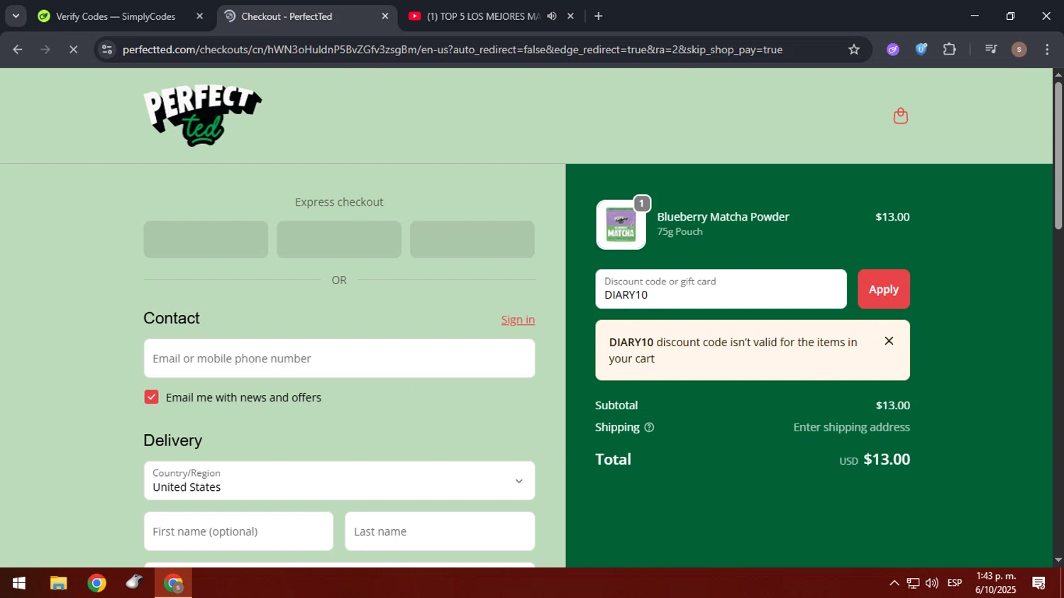 PerfectTed discount code screenshot showing code DIARY10 applied at PerfectTed checkout page. Uploaded by SimplyCodes community member 61664350 on Oct 6, 2025