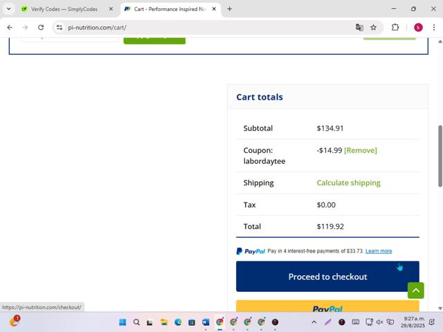 Performance Inspired checkout page showing Performance Inspired coupon code box | Screenshot taken by SimplyCodes community member on Aug 29, 2025