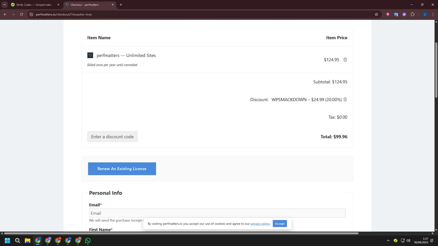Perfmatters discount code screenshot showing code WPSMACKDOWN applied at Perfmatters checkout page. Uploaded by SimplyCodes community member CashLegend3767 on Jun 30, 2025