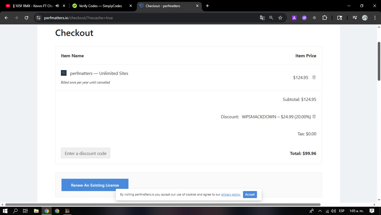 Perfmatters discount code screenshot showing code WPSMACKDOWN applied at Perfmatters checkout page. Uploaded by SimplyCodes community member jesusalejandro on Jun 23, 2025