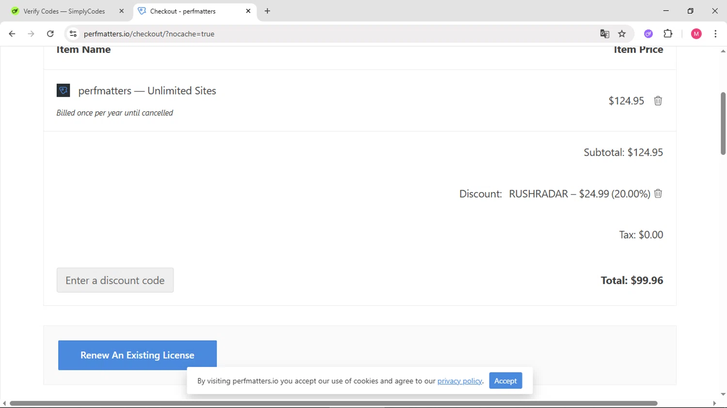 Perfmatters discount code screenshot showing code RUSHRADAR applied at Perfmatters checkout page. Uploaded by SimplyCodes community member CBR600 on Jun 6, 2025