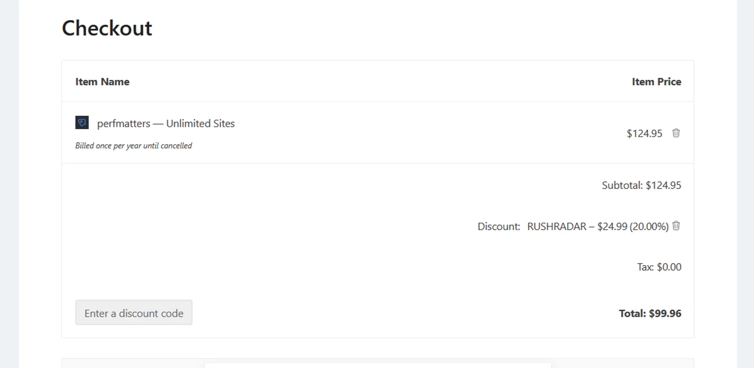 Perfmatters discount code screenshot showing code RUSHRADAR applied at Perfmatters checkout page. Uploaded by SimplyCodes community member CRYSTALSUICINE on Jun 23, 2025