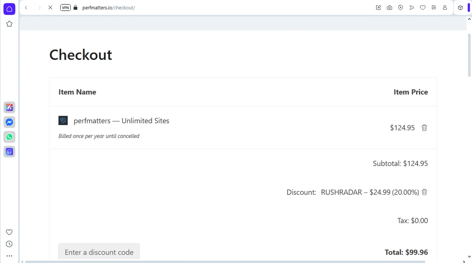 Perfmatters discount code screenshot showing code RUSHRADAR applied at Perfmatters checkout page. Uploaded by SimplyCodes community member rafaelmarquez on Jun 9, 2025