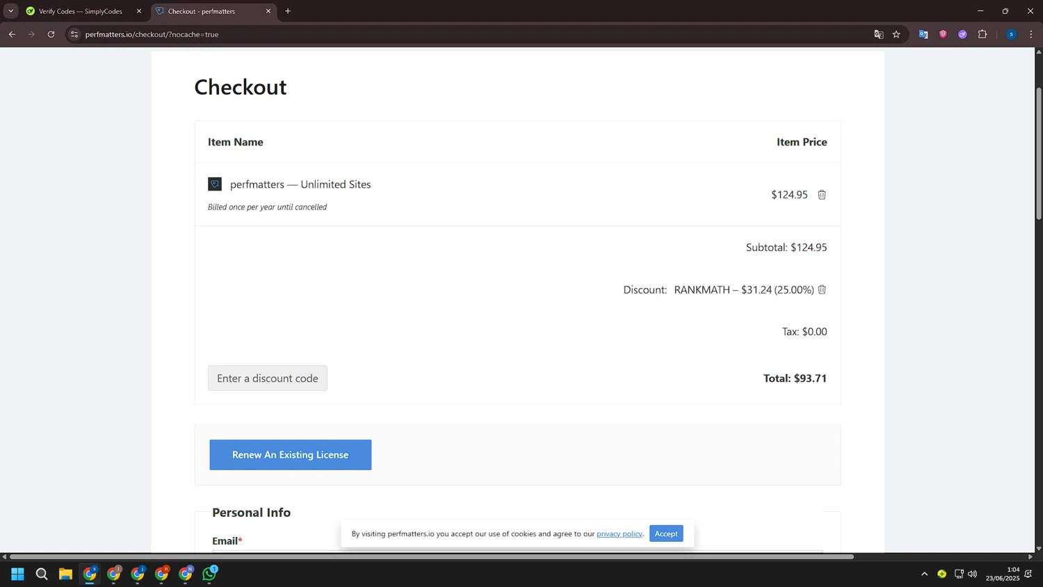 Perfmatters discount code screenshot showing code RANKMATH applied at Perfmatters checkout page. Uploaded by SimplyCodes community member ExtraordinarySleuth4345 on Jun 23, 2025