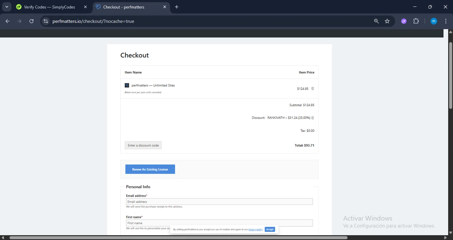 Perfmatters discount code screenshot showing code RANKMATH applied at Perfmatters checkout page. Uploaded by SimplyCodes community member LuckyWarden9122 on May 26, 2025