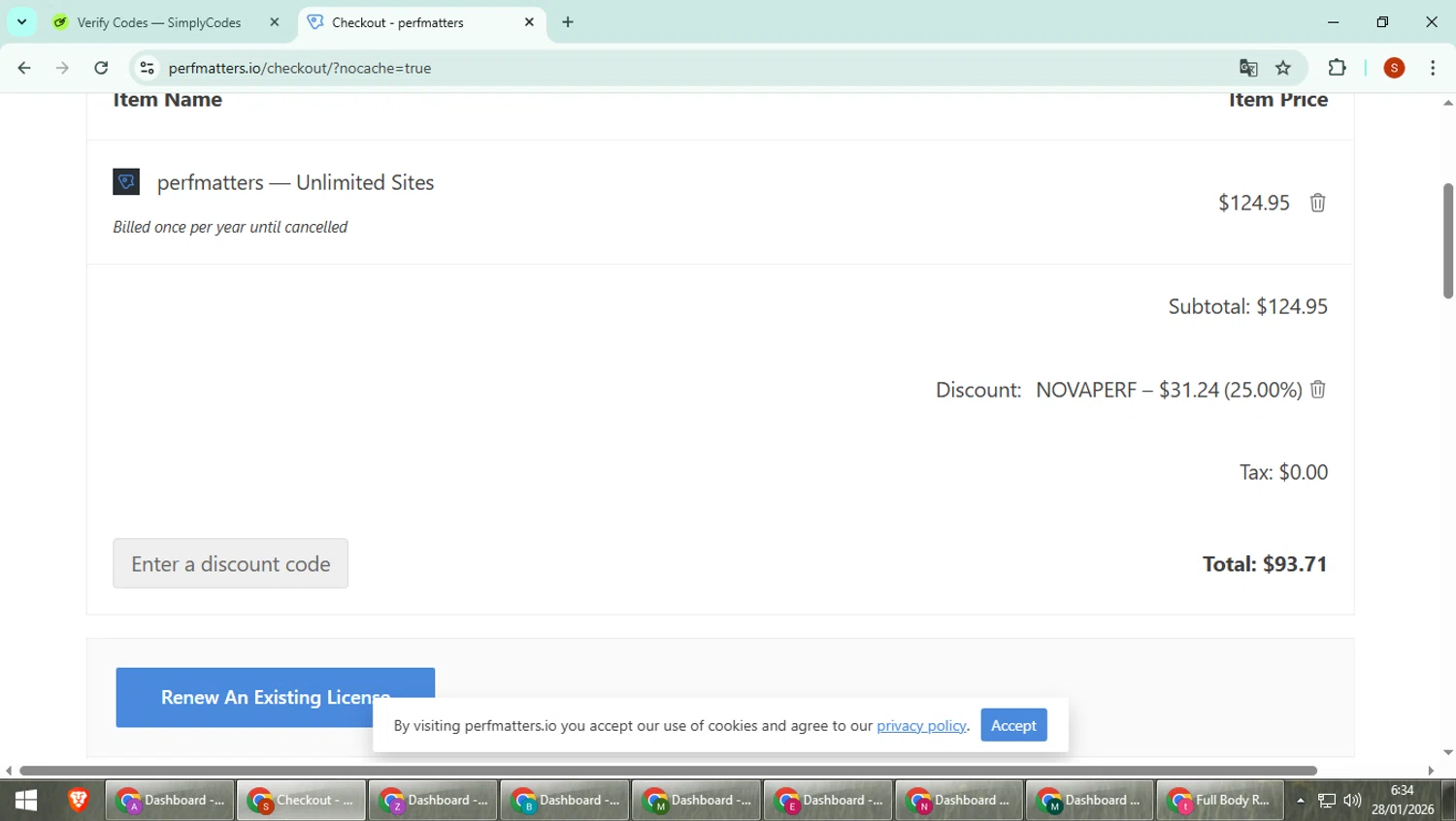 Perfmatters checkout page showing Perfmatters discount code box | Screenshot taken by SimplyCodes community member on Jan 28, 2026