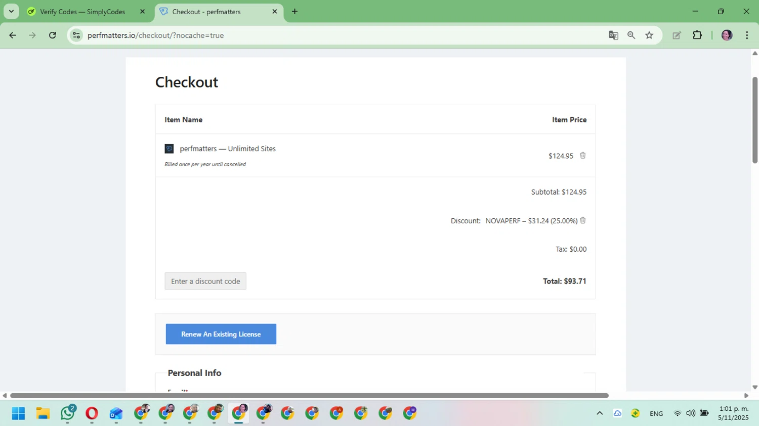 Perfmatters discount code screenshot showing code NOVAPERF applied at Perfmatters checkout page. Uploaded by SimplyCodes community member Mari_perez on Nov 5, 2025