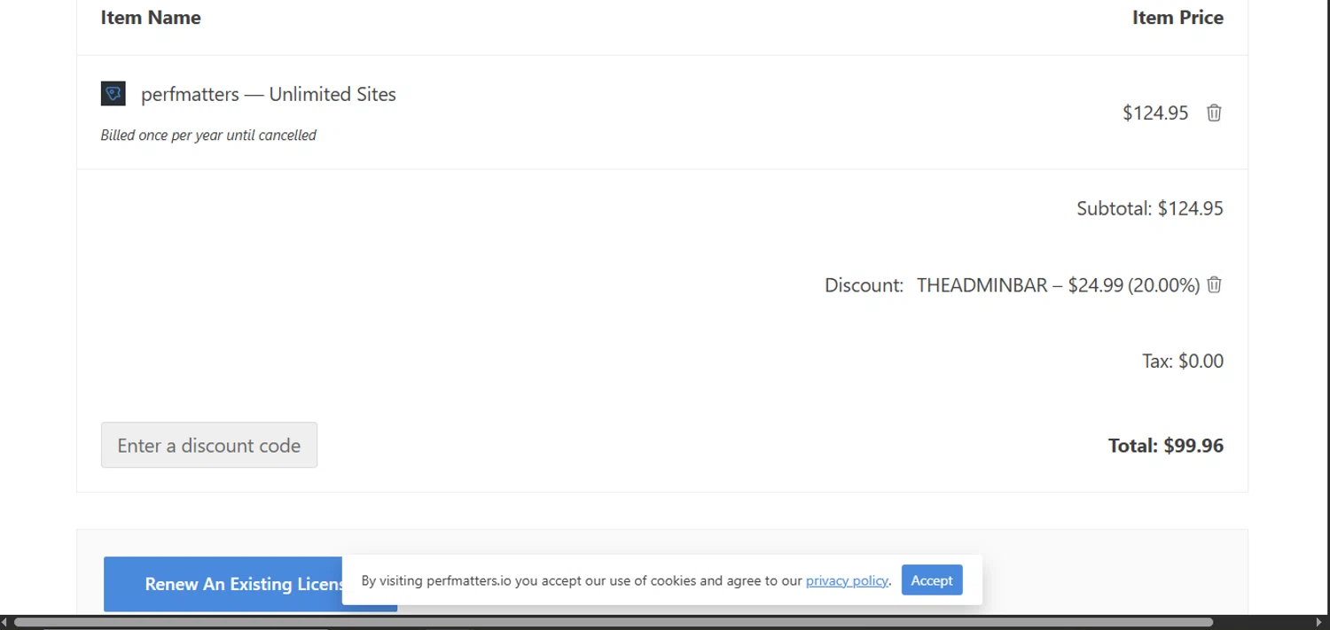 Perfmatters discount code screenshot showing code THEADMINBAR applied at Perfmatters checkout page. Uploaded by SimplyCodes community member juanisaac on Sep 16, 2025
