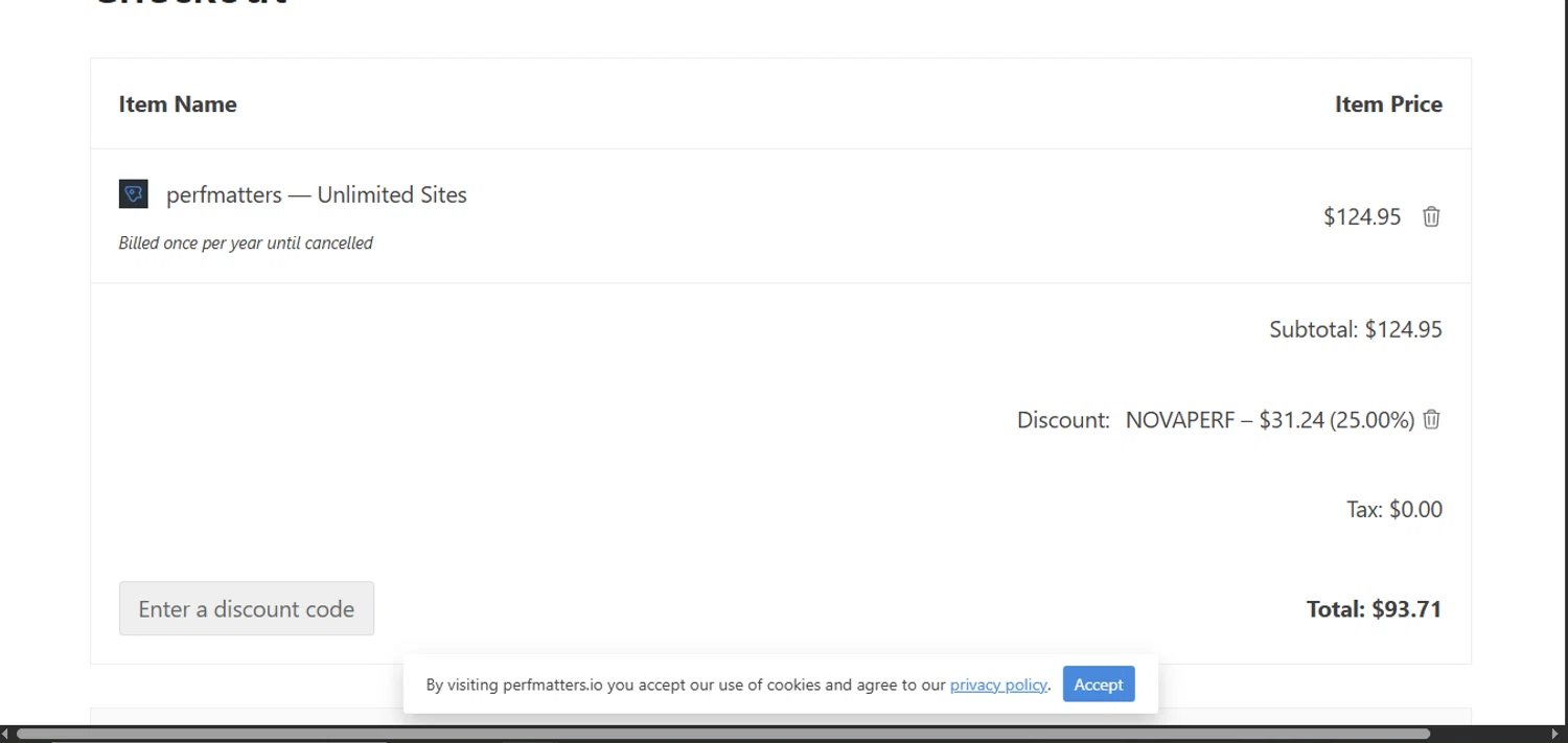 Perfmatters discount code screenshot showing code NOVAPERF applied at Perfmatters checkout page. Uploaded by SimplyCodes community member juanisaac on Sep 16, 2025