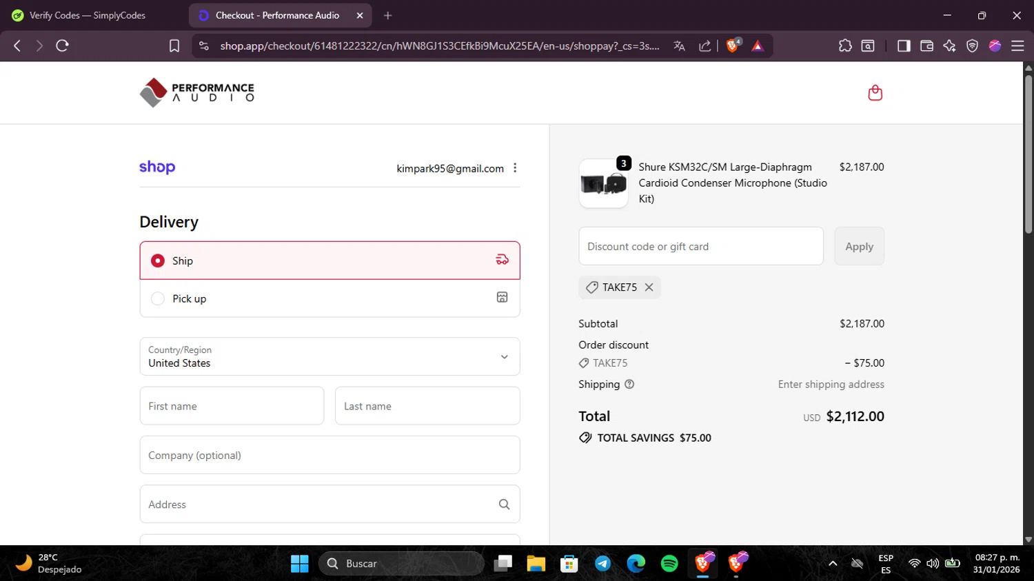Performance Audio promo code screenshot showing code TAKE75 applied at Performance Audio checkout page. Uploaded by SimplyCodes community member Pinkicuat on Feb 1, 2026