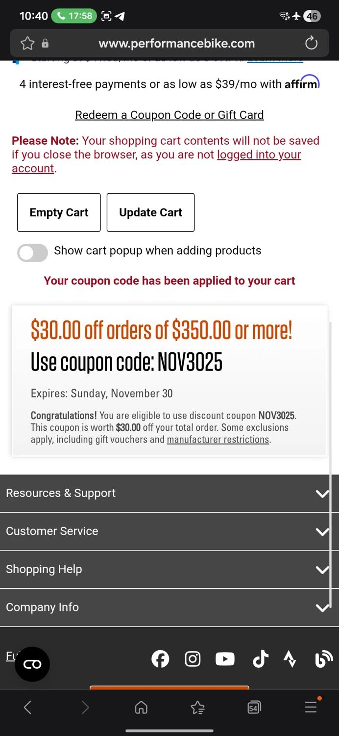 Performance Bicycle coupon code screenshot showing code NOV3025 applied at Performance Bicycle checkout page. Uploaded by SimplyCodes community member Carbon132 on Nov 27, 2025