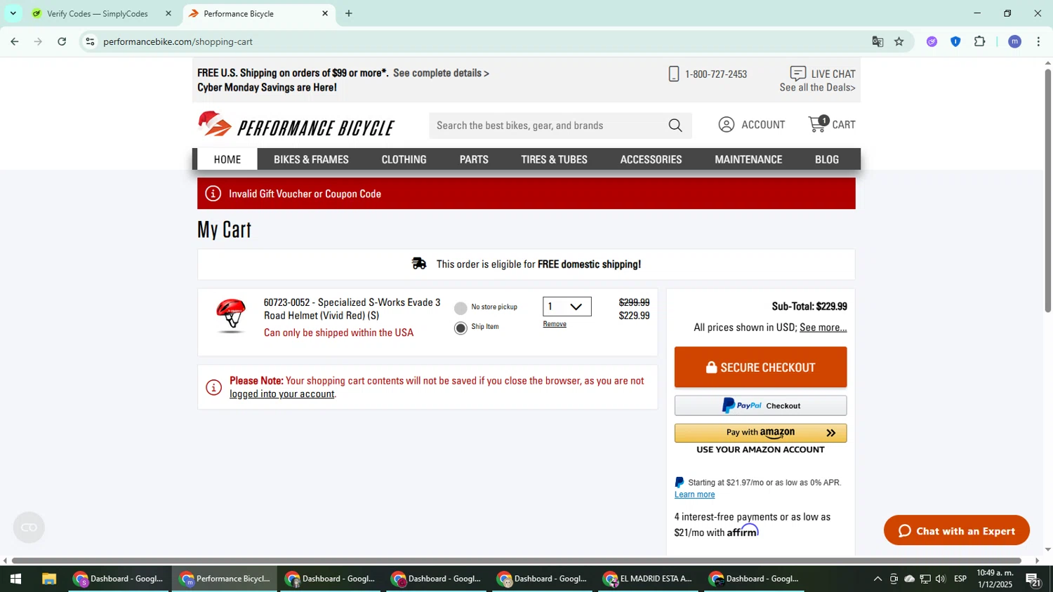 Performance Bicycle coupon code screenshot showing code NOV3025 applied at Performance Bicycle checkout page. Uploaded by SimplyCodes community member QuestDefender2661 on Dec 1, 2025