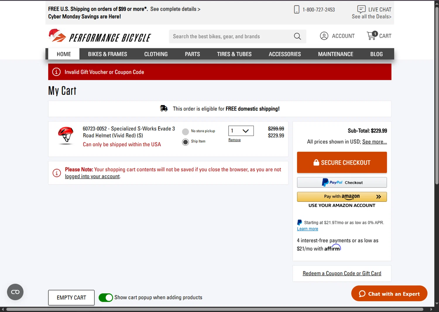 Performance Bicycle coupon code screenshot showing code NOV3025 applied at Performance Bicycle checkout page. Uploaded by SimplyCodes community member SalePhoenix2220 on Dec 1, 2025