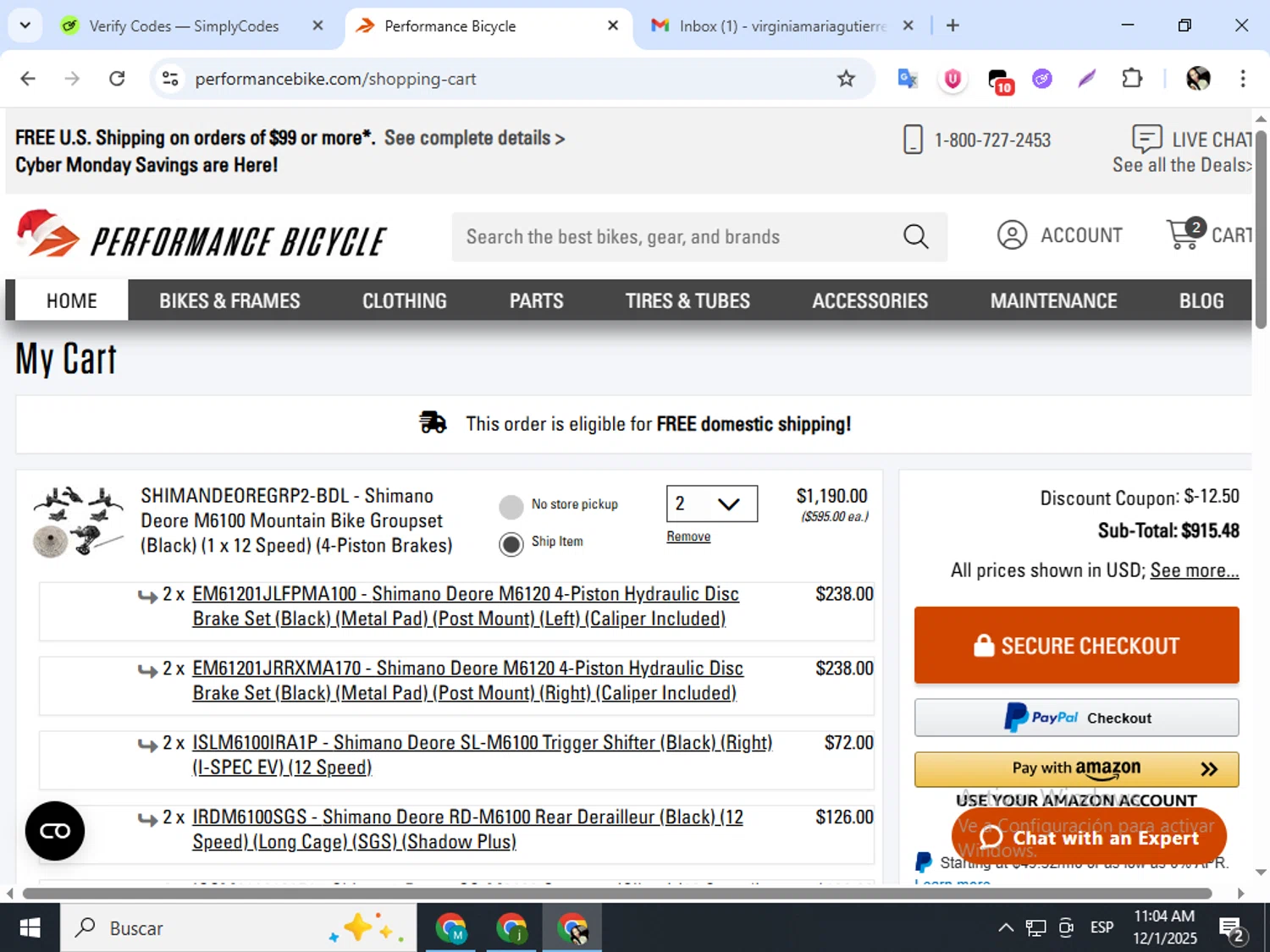 Performance Bicycle checkout page showing Performance Bicycle coupon code box | Screenshot taken by SimplyCodes community member on Dec 1, 2025