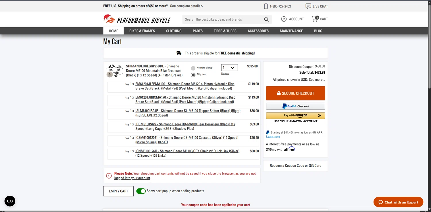 Performance Bicycle checkout page showing Performance Bicycle coupon code box | Screenshot taken by SimplyCodes community member on Dec 22, 2025