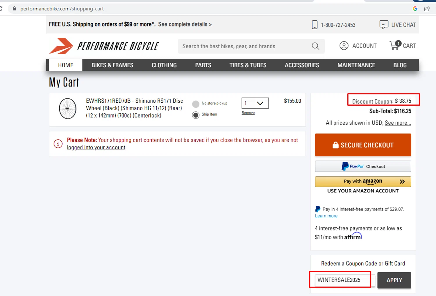 Performance Bicycle coupon code screenshot showing code WINTERSALE2025 applied at Performance Bicycle checkout page. Uploaded by SimplyCodes community member nileskamarcano on Nov 25, 2025