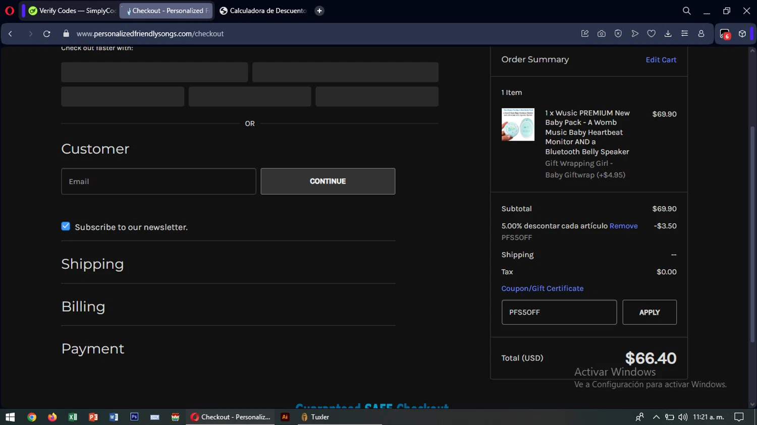 Personalized Friendly Songs coupon code screenshot showing code PFS5OFF applied at Personalized Friendly Songs checkout page. Uploaded by SimplyCodes community member SavingsTiger3479 on Jul 24, 2025