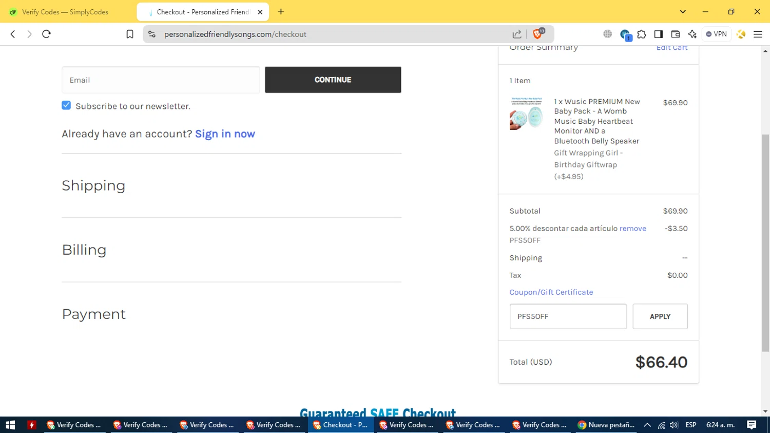 Personalized Friendly Songs coupon code screenshot showing code PFS5OFF applied at Personalized Friendly Songs checkout page. Uploaded by SimplyCodes community member ValiantElite8187 on Jan 5, 2025
