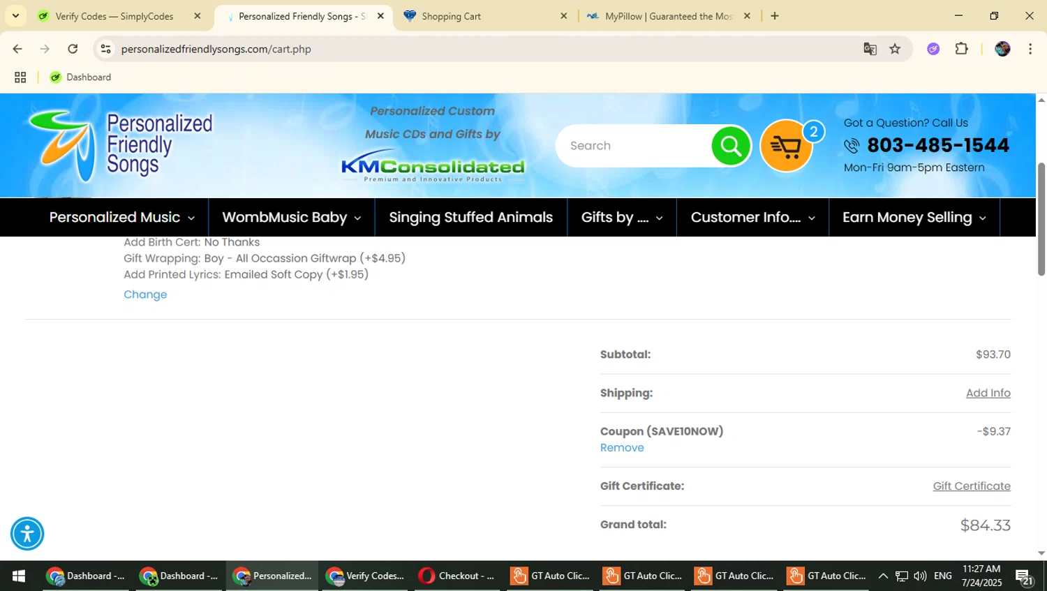 Personalized Friendly Songs coupon code screenshot showing code SAVE10NOW applied at Personalized Friendly Songs checkout page. Uploaded by SimplyCodes community member Typhlosion on Jul 24, 2025