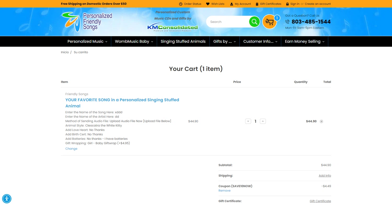 Personalized Friendly Songs coupon code screenshot showing code SAVE10NOW applied at Personalized Friendly Songs checkout page. Uploaded by SimplyCodes community member DealScout769 on Jan 5, 2025