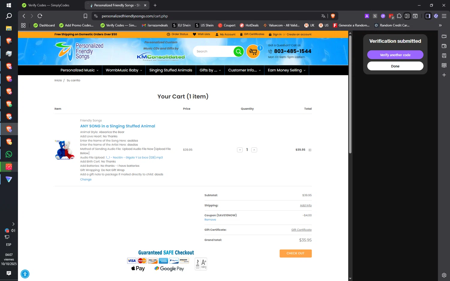 Personalized Friendly Songs coupon code screenshot showing code SAVE10NOW applied at Personalized Friendly Songs checkout page. Uploaded by SimplyCodes community member ilarrazaM4 on Oct 10, 2025