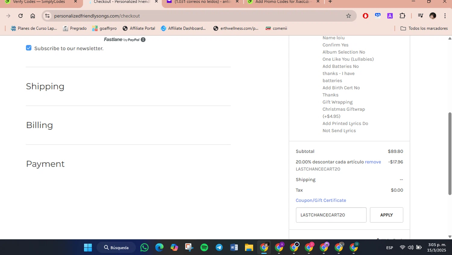 Personalized Friendly Songs coupon code screenshot showing code LASTCHANCECART20 applied at Personalized Friendly Songs checkout page. Uploaded by SimplyCodes community member luisaballera on Mar 15, 2025