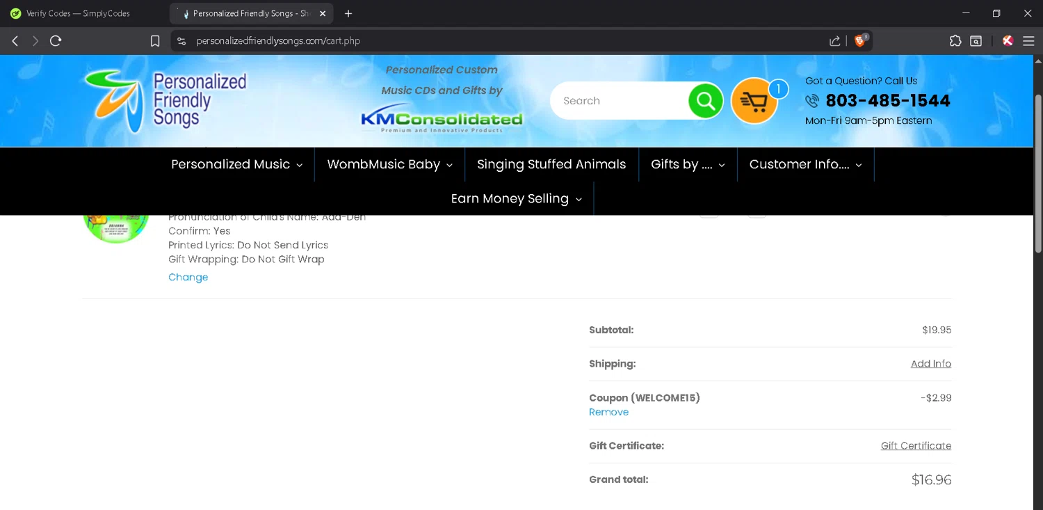 Personalized Friendly Songs coupon code screenshot showing code WELCOME15 applied at Personalized Friendly Songs checkout page. Uploaded by SimplyCodes community member JosephStevens774 on Jul 24, 2025