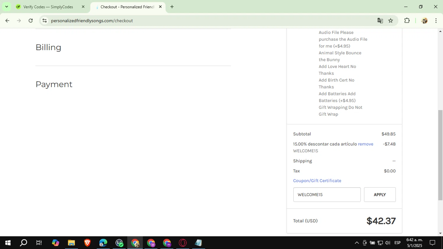 Personalized Friendly Songs coupon code screenshot showing code WELCOME15 applied at Personalized Friendly Songs checkout page. Uploaded by SimplyCodes community member CashExpert3657 on Jan 5, 2025
