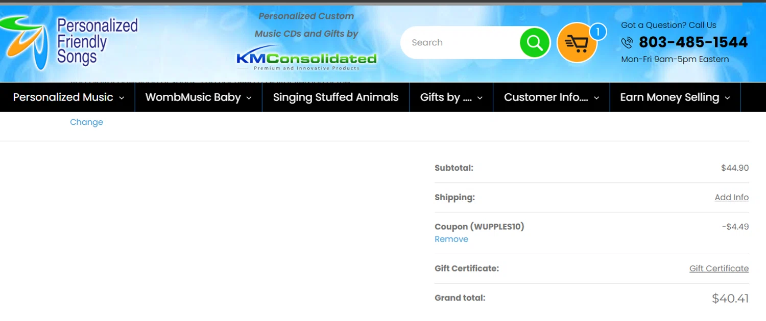 Personalized Friendly Songs coupon code screenshot showing code WUPPLES10 applied at Personalized Friendly Songs checkout page. Uploaded by SimplyCodes community member javierprez on Nov 13, 2025