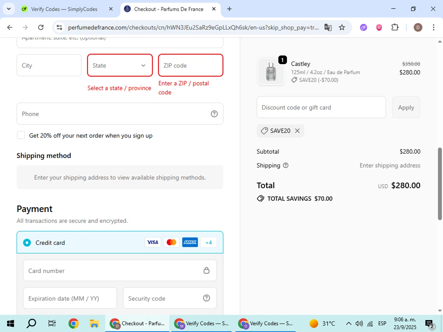 Parfums de France discount code screenshot showing code SAVE20 applied at Parfums de France checkout page. Uploaded by SimplyCodes community member BrilliantWizard8884 on Sep 23, 2025