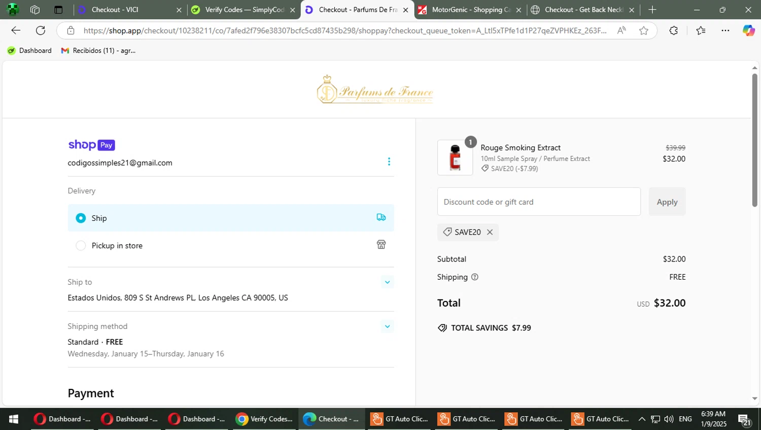 Parfums de France discount code screenshot showing code SAVE20 applied at Parfums de France checkout page. Uploaded by SimplyCodes community member TrevorPhilips on Jan 9, 2025