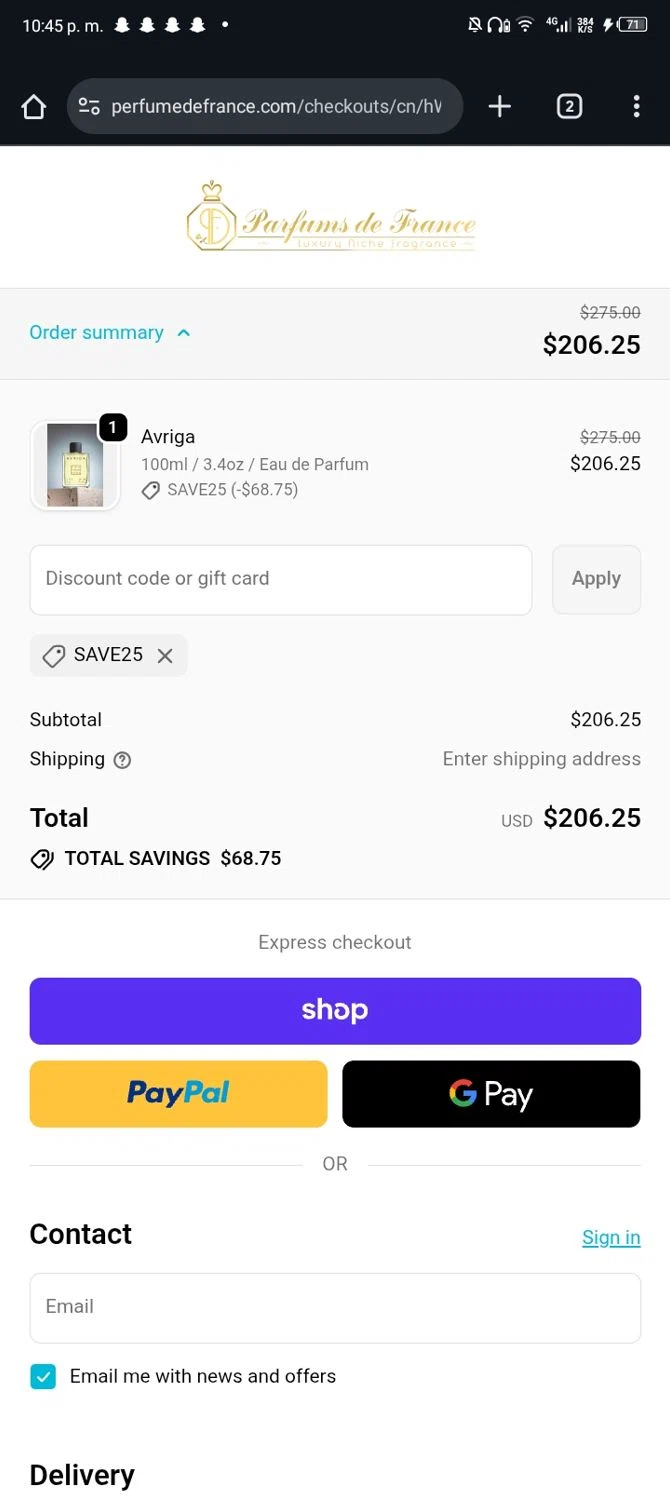 Parfums de France discount code screenshot showing code SAVE25 applied at Parfums de France checkout page. Uploaded by SimplyCodes community member Nickurtdale on Dec 8, 2025