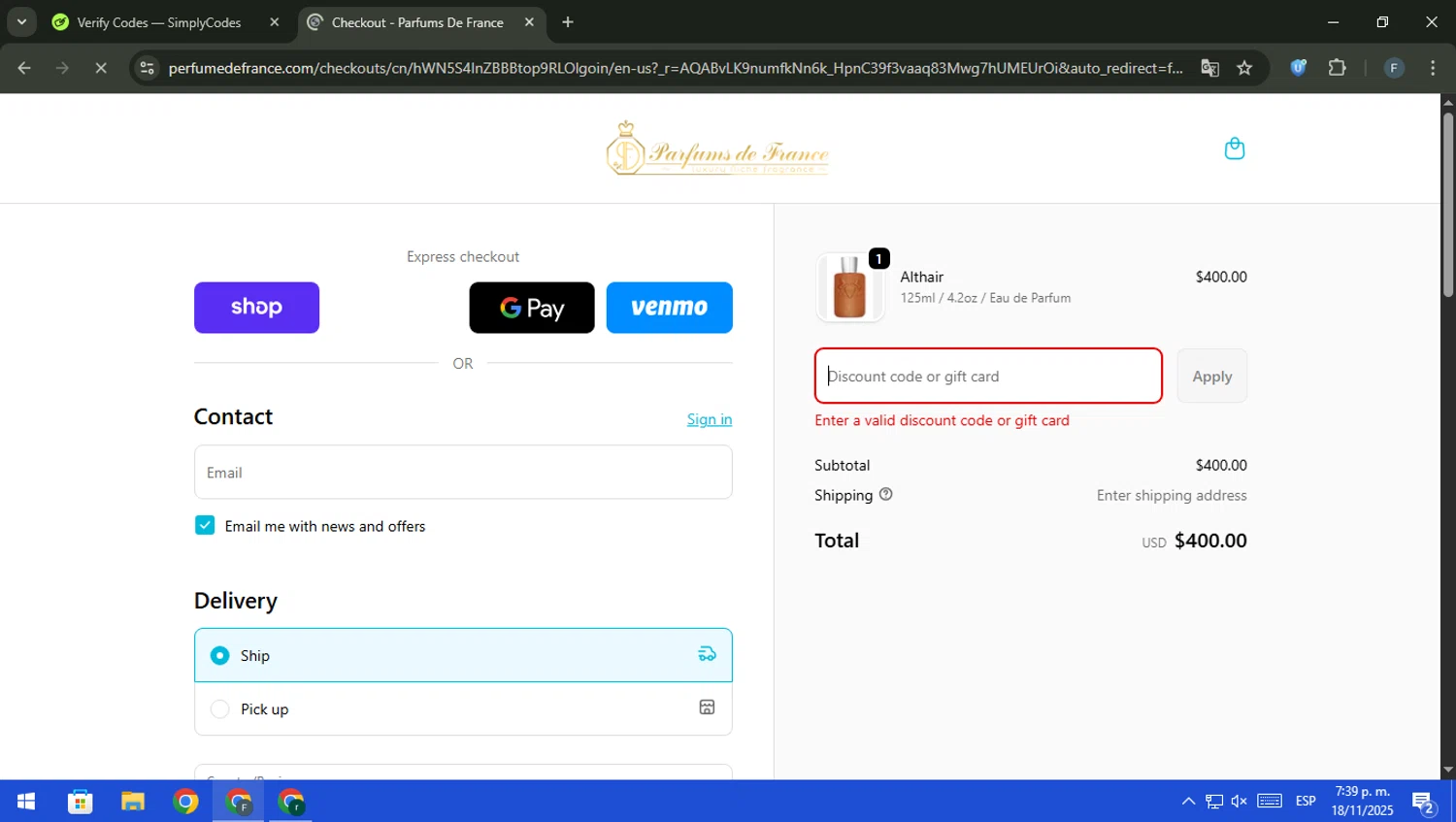 Parfums de France discount code screenshot showing code SAVE25 applied at Parfums de France checkout page. Uploaded by SimplyCodes community member pajarito on Nov 18, 2025