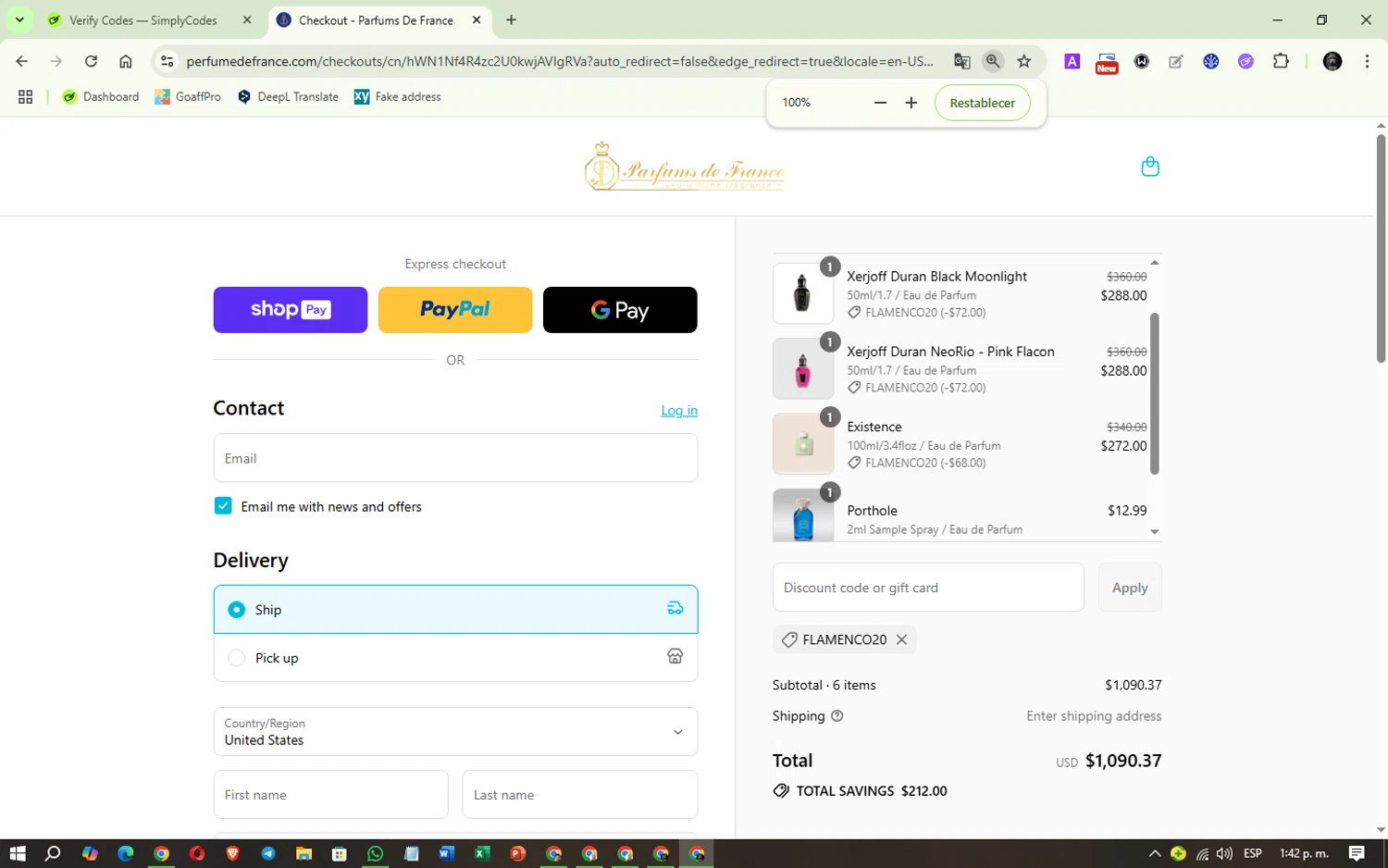 Parfums de France discount code screenshot showing code FLAMENCO20 applied at Parfums de France checkout page. Uploaded by SimplyCodes community member Aspen_Colorado on Aug 3, 2025