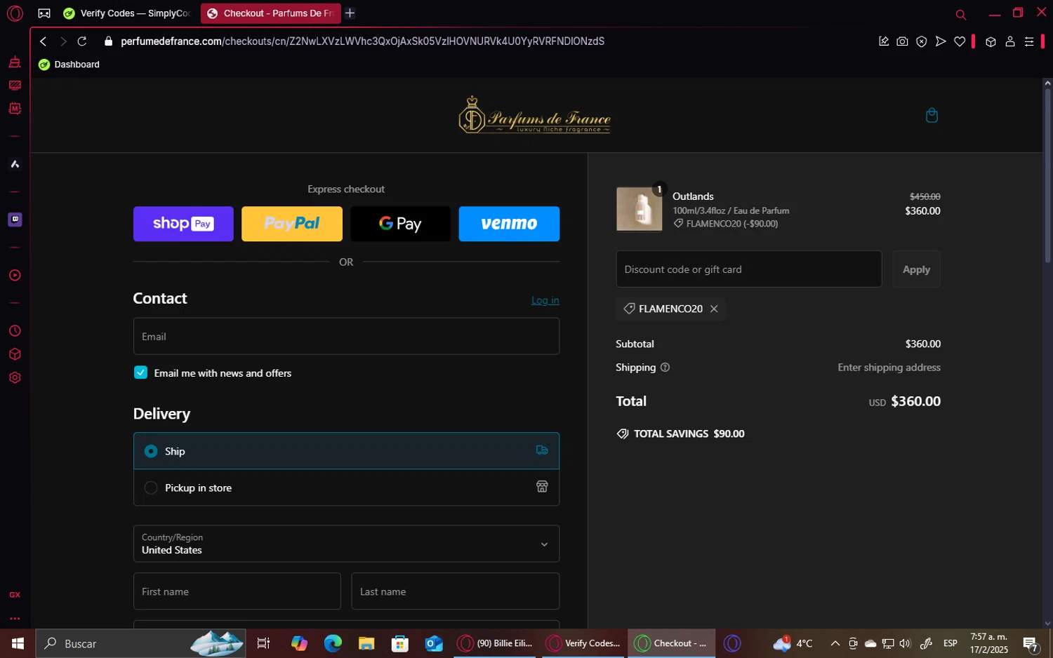 Parfums de France discount code screenshot showing code FLAMENCO20 applied at Parfums de France checkout page. Uploaded by SimplyCodes community member GoldHawk6293 on Feb 17, 2025