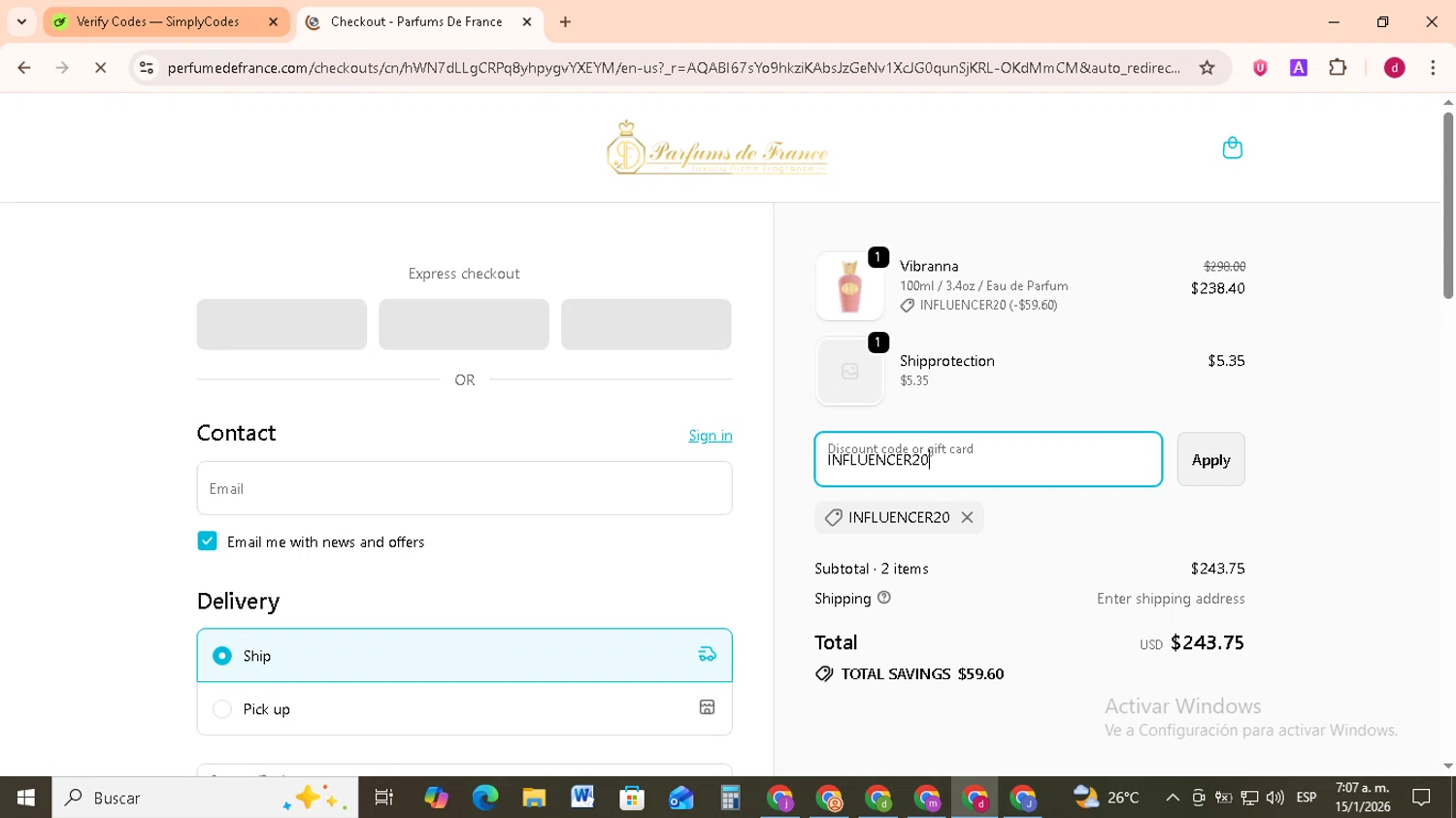 Parfums de France discount code screenshot showing code INFLUENCER20 applied at Parfums de France checkout page. Uploaded by SimplyCodes community member FrugalMonarch7277 on Jan 15, 2026