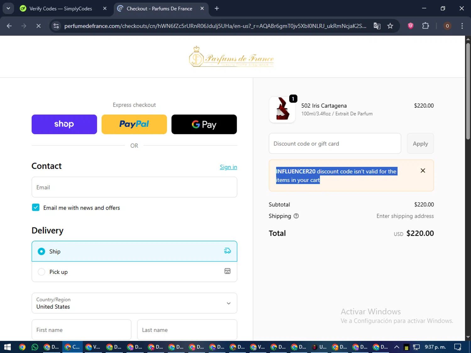 Parfums de France discount code screenshot showing code INFLUENCER20 applied at Parfums de France checkout page. Uploaded by SimplyCodes community member Legendar on Dec 21, 2025