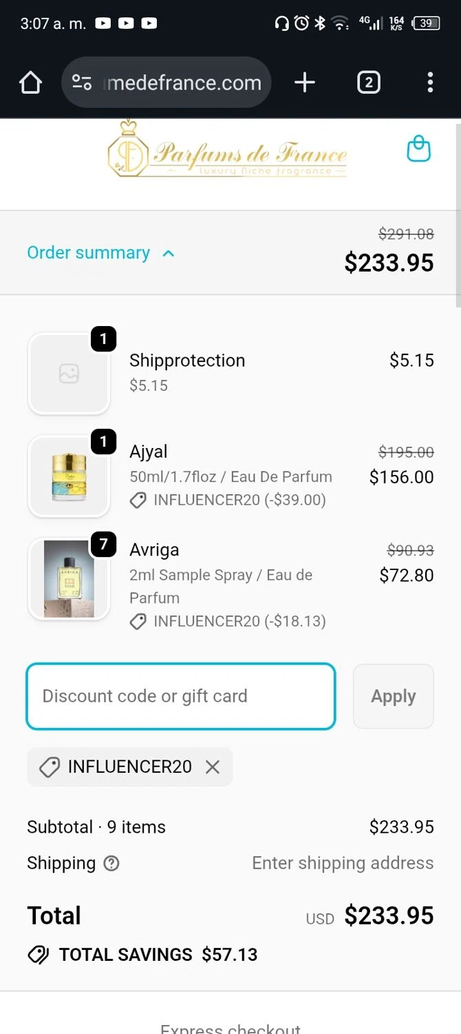 Parfums de France discount code screenshot showing code INFLUENCER20 applied at Parfums de France checkout page. Uploaded by SimplyCodes community member Rafita on Dec 8, 2025