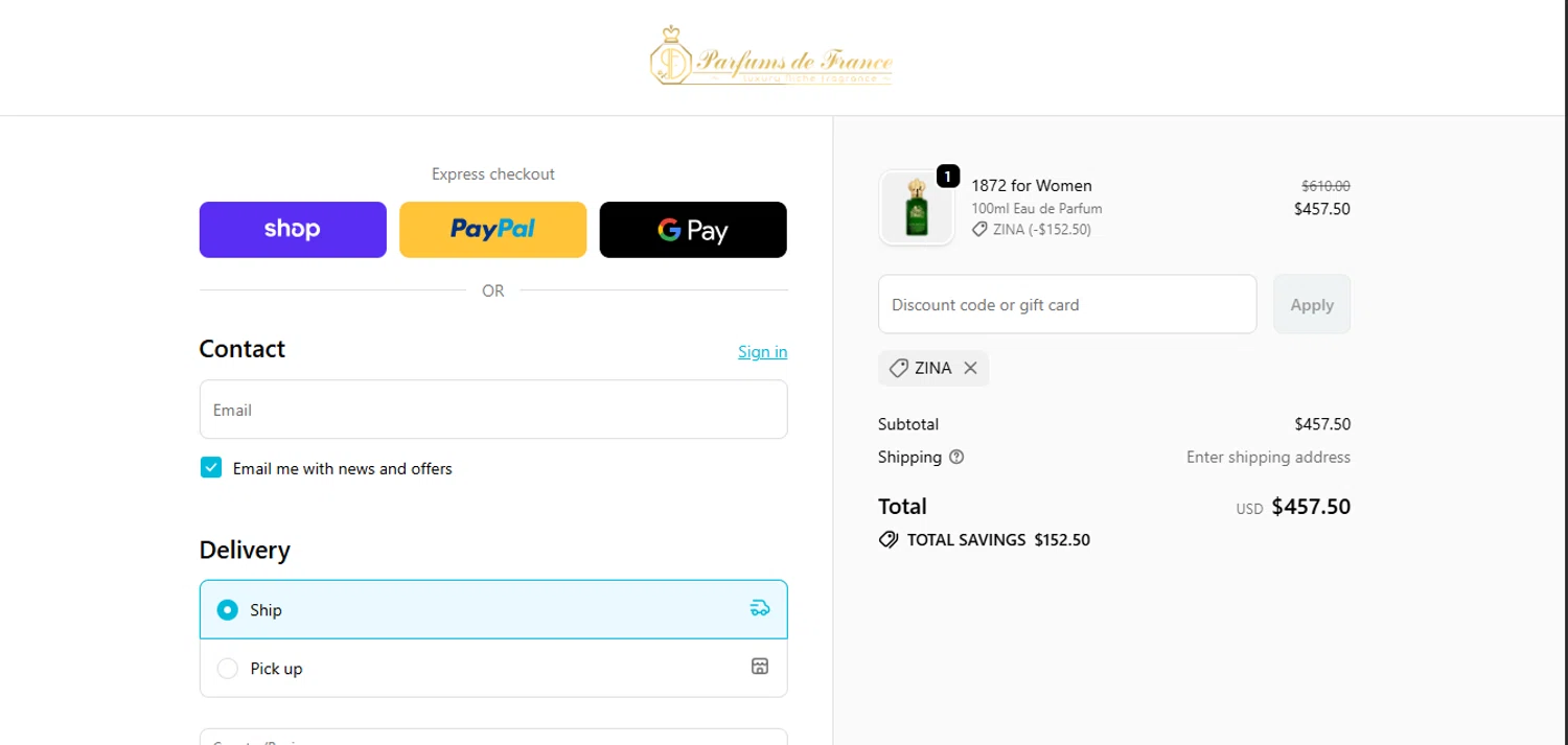 Parfums de France discount code screenshot showing code ZINA applied at Parfums de France checkout page. Uploaded by SimplyCodes community member juanisaac on Nov 19, 2025