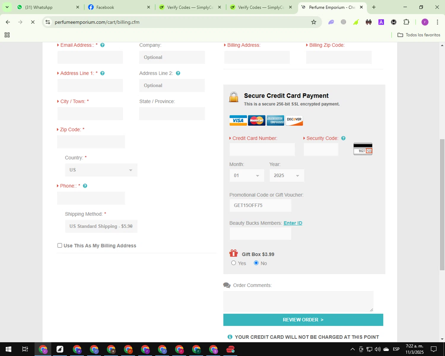 Perfume Emporium checkout page showing Perfume Emporium promo code box | Screenshot taken by SimplyCodes community member on Mar 11, 2025