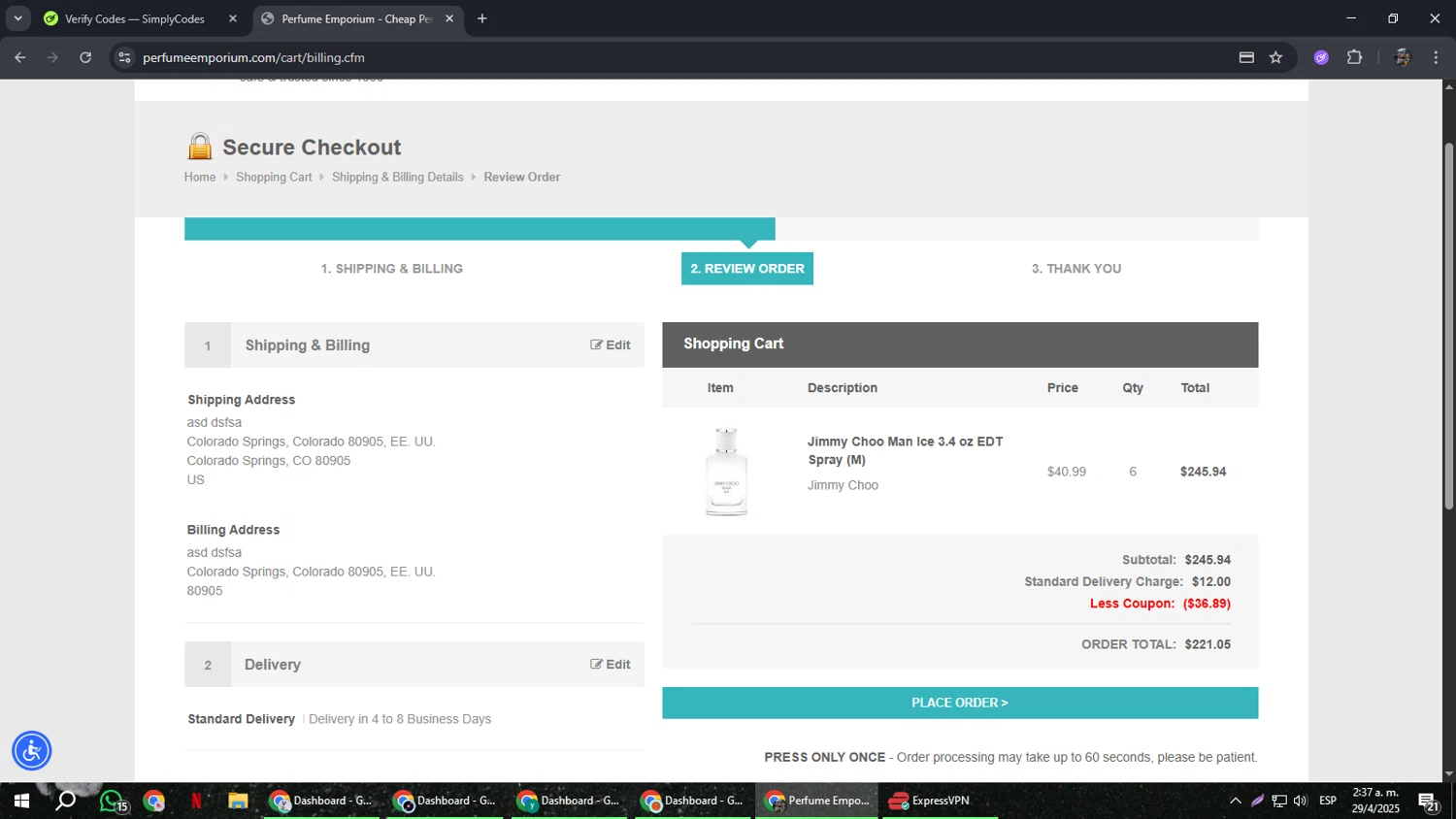 Perfume Emporium promo code screenshot showing code GET15OFF75 applied at Perfume Emporium checkout page. Uploaded by SimplyCodes community member xxdddd on Apr 29, 2025
