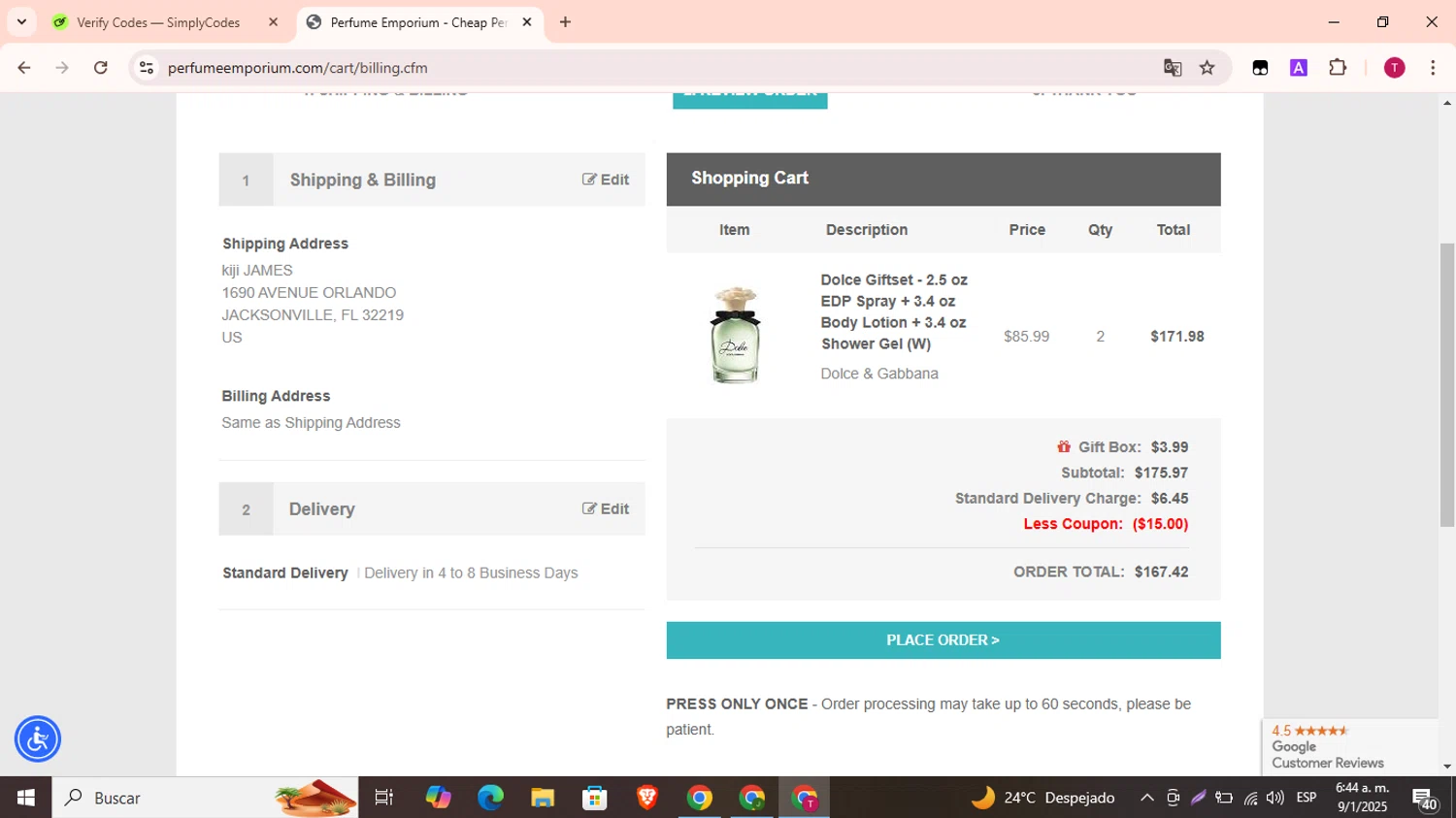 Perfume Emporium promo code screenshot showing code FB1990 applied at Perfume Emporium checkout page. Uploaded by SimplyCodes community member SavvyLynx7166 on Jan 9, 2025